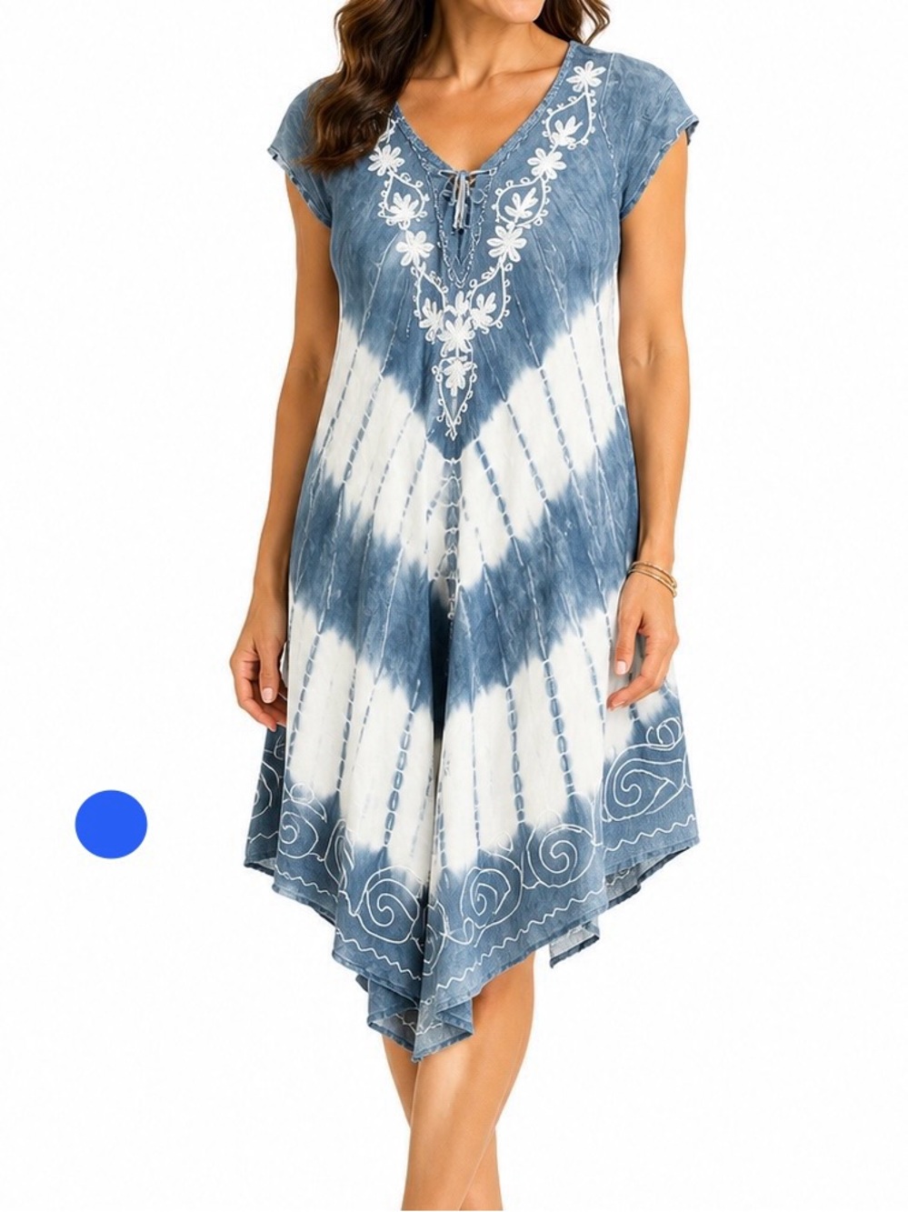Exist Free Size Blue White Tie Dye Embroidered Rayon Boho Tunic Dress